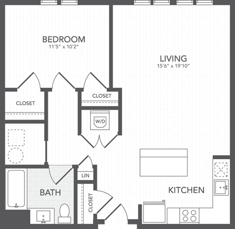 Floor plan for 1 bed, 1 bath, 906 sqft